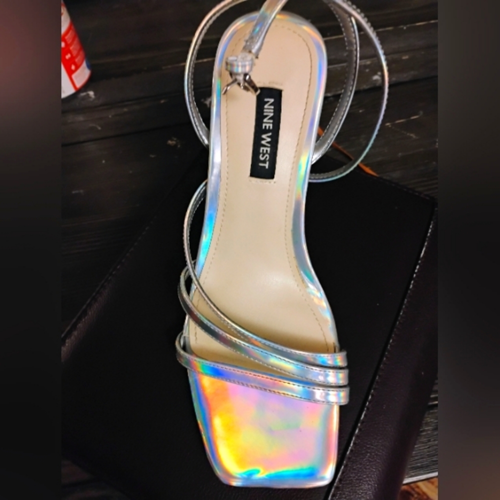 Nine West Silver Heels with Sleek Straps and Square Toe